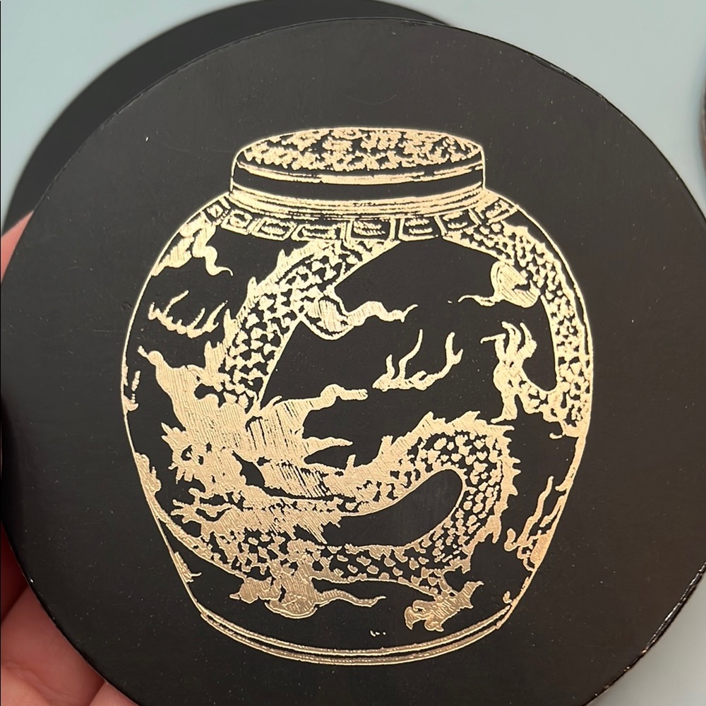 *3 for $15 item* Elegant Pinyin Press Black and Gold Ginger Jar Coasters Set - Picture 3 of 6